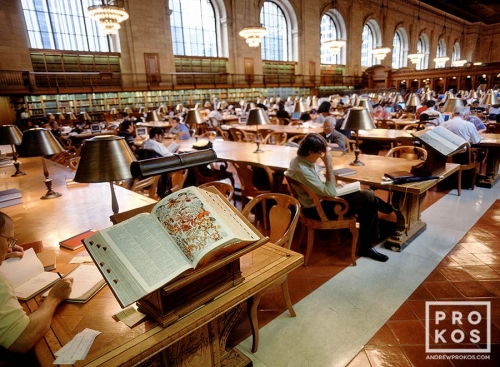 A view of the interior of the New York Public Library's Rose Main Reading Room