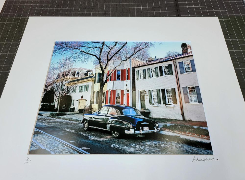 A matted color fine art print of 'O Street Townhouses, Georgetown' by Photographer Andrew Prokos
