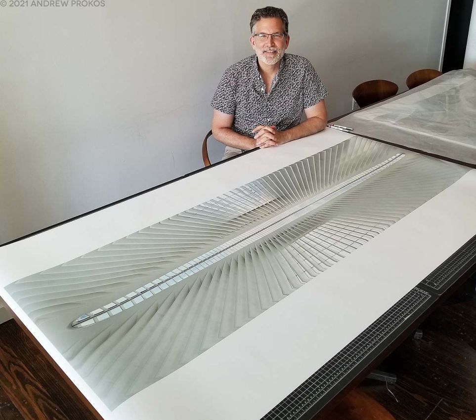 Photographer Andrew Prokos Signing a 72 Inch Large-Format Architectural Print of 'Oculus Interior #2', New York City