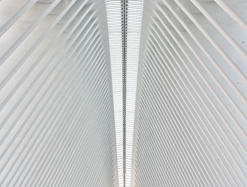 Fine Art Photography - An architectural photo of the Oculus at World Trade Center Station, New York City by architect Santiago Calatrava. Large-scale framed prints of this photo are available up to 80 inches in height.