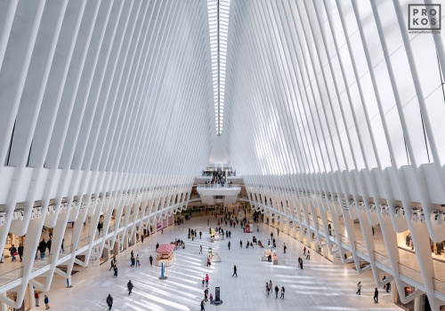 A color architectural photo of the interior of the Oculus at World Trade Center Station, New York City by architect Santiago Calatrava. Large-scale framed prints of this photo are available up to 80 inches in width