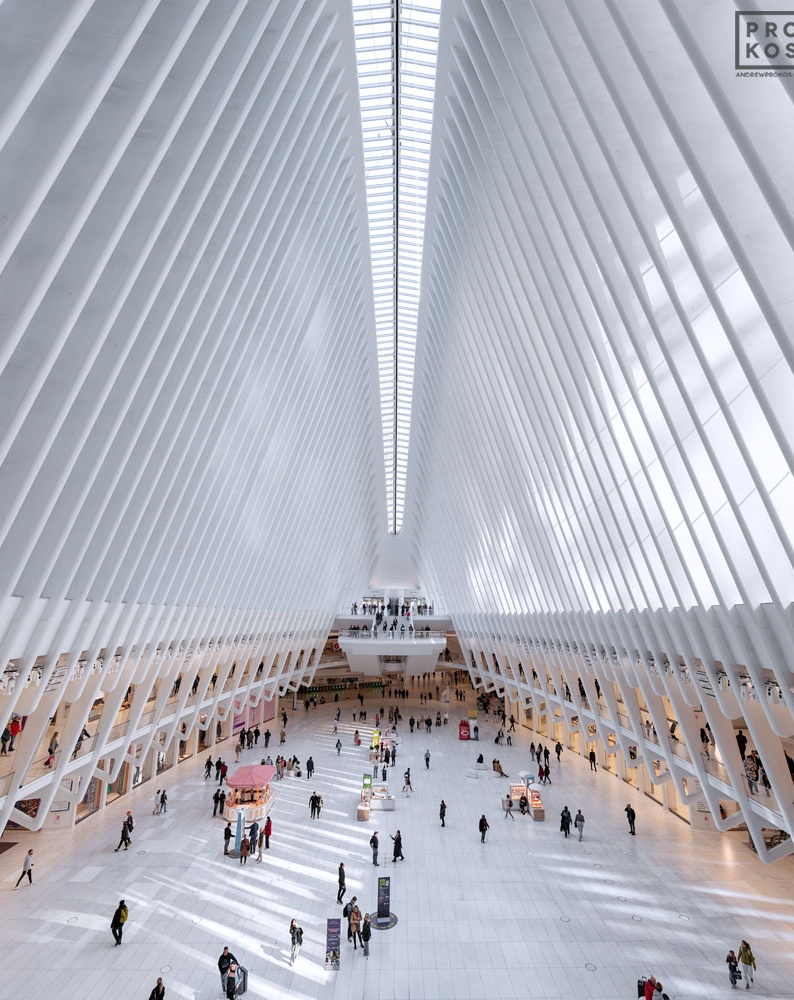 A color architectural photo of the interior of the Oculus at World Trade Center Station, New York City by architect Santiago Calatrava. Large-scale framed prints of this photo are available up to 80 inches in height.