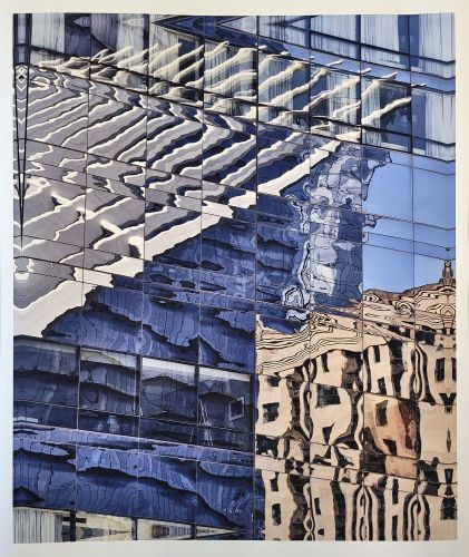 A 30x24 inch limited edition print of 'Reflections on a Silver Glass Facade, Lower Manhattan' by photographer Andrew Prokos