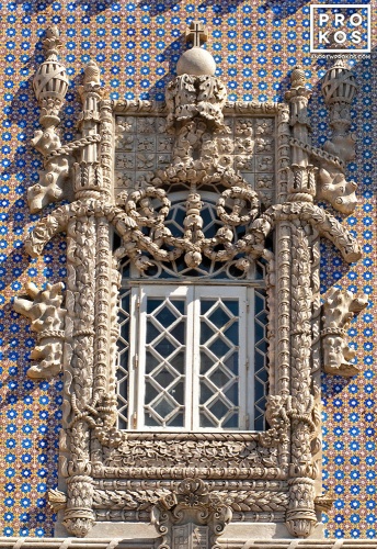 A detail from the Manueline-style window from the Palacio da Pena in Sintra, Portugal