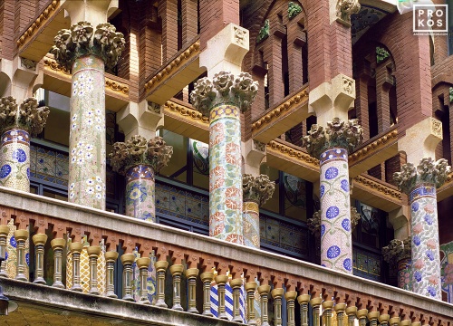Ornate mosaic columns from Barcelona's Palau de la Musica Catalana, designed in the Catalan modernist style by the architect Lluís Domènech i Montaner. Framed fine art prints of this photo are available in various sizes.