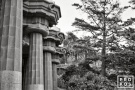 A black and white fine art photo of the massive columns in Gaudi's Parc Guell, Barcelona, Spain