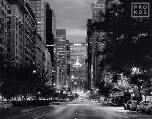 A black and white fine art cityscape photo of Park Avenue at dusk, New York City