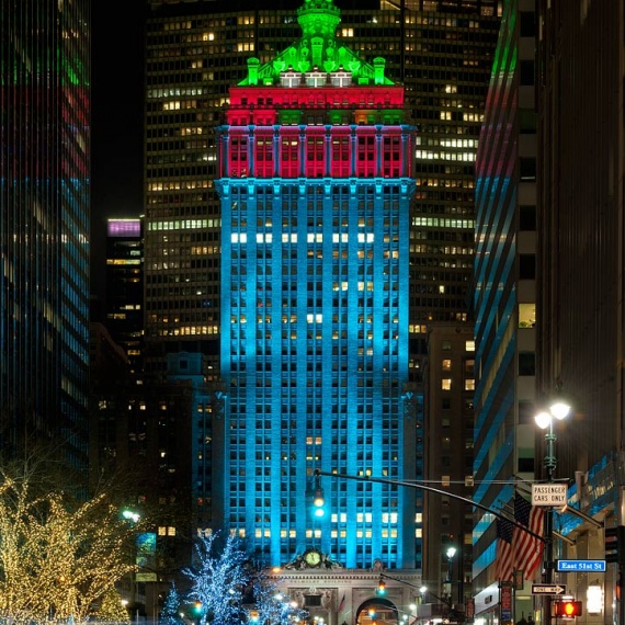 A night view of Park Avenue at and the lighted Helmsley Building in Midtown Manhattan at Christmas.