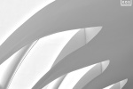 Black and white photography of a close-up view of contemporary architectural arches by architect Santiago Calatrava in shades of white. Large-scale fine art prints of this photo are available up to 60 inches and framed in wood, metal and acrylic styles. 