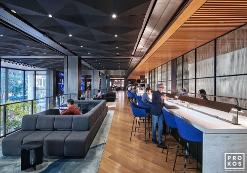 An interior view of the Balcony Lounge at Penn 1 tower, New York City. The interior architect is A+I (architecture Plus Information). Photographed by architectural photographer Andrew Prokos for Vornado Realty Trust. Fine art prints of this photo are available in various sizes.