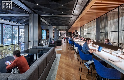 An interior view of the Balcony Lounge at Penn 1 tower, New York City. The interior architect is A+I (architecture Plus Information). Photographed by architectural photographer Andrew Prokos for Vornado Realty Trust. Fine art prints of this photo are available in various sizes.