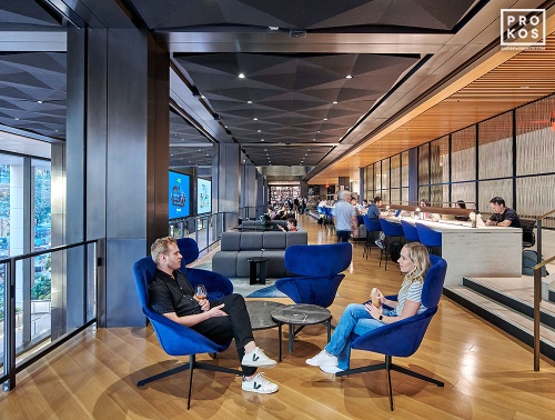 An interior view of the Balcony Lounge at Penn 1 tower, New York City. The interior architect is A+I (architecture Plus Information). Photographed by architectural photographer Andrew Prokos for Vornado Realty Trust. Fine art prints of this photo are available in various sizes.