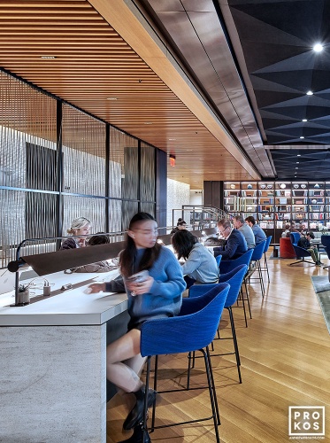 An interior view of the Balcony Lounge at Penn 1 tower, New York City. The interior architect is A+I (architecture Plus Information). Photographed by architectural photographer Andrew Prokos for Vornado Realty Trust. Fine art prints of this photo are available in various sizes.