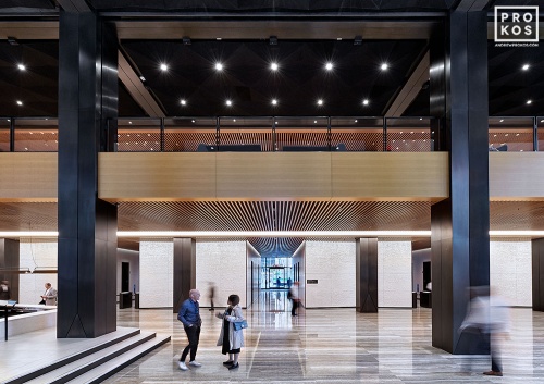 An interior view of the main lobby at Penn 1 tower, New York City. The interior architect is A+I (Architecture Plus Information). Photographed by architectural photographer Andrew Prokos for Vornado Realty Trust. Fine art prints of this photo are available in various sizes.