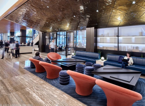 An interior view of the lobby and public seating at Penn 1 tower, New York City. The interior architect is A+I (architecture Plus Information). Photographed by architectural photographer Andrew Prokos for Vornado Realty Trust. Fine art prints of this photo are available in various sizes.