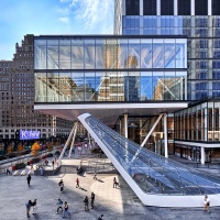 An elevated view of the contemporary architecture of Penn 2 and the new entrance to Penn Station at 34th St. and 7th Ave. by MdeAS Architects, New York City by photographer Andrew Prokos. Andrew is available for commercial, advertising and architectural photo shoots worldwide.