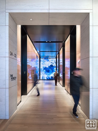 An interior view of the digital elevator banks in the sky lobby at Penn 2 tower, New York City. Photographed by architectural photographer Andrew Prokos for Vornado Realty Trust. Andrew is available for commercial, architectural, and advertising photo shoots worldwide. 