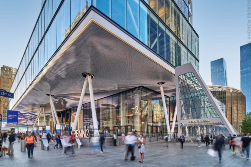 An exterior view of the bustle of Penn 2 tower and Penn Plaza by MdeAS Architects, New York City. Photographed by architectural photographer Andrew Prokos for Vornado / The Penn District. Andrew is available for commercial, advertising and architectural photo shoots worldwide.