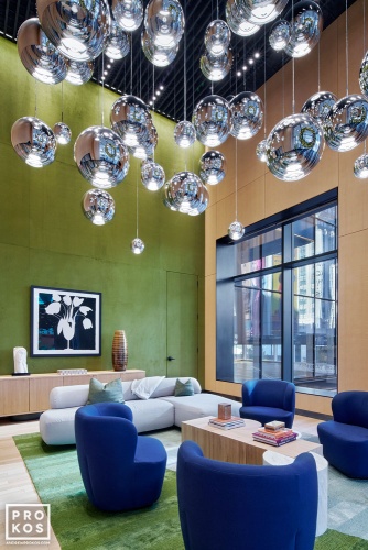 An architectural interior of the luxe Green Room at Penn 2 tower, New York City. Photographed by architectural photographer Andrew Prokos for Vornado Realty Trust. Andrew is available for commercial, architectural, and advertising photo shoots worldwide.