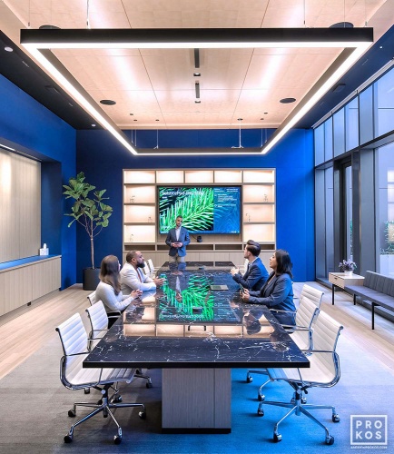 An architectural interior of the conference room at Penn 2 tower, New York City. Photographed by architectural photographer Andrew Prokos for Vornado Realty Trust. Andrew is available for commercial, architectural, and advertising photo shoots worldwide.