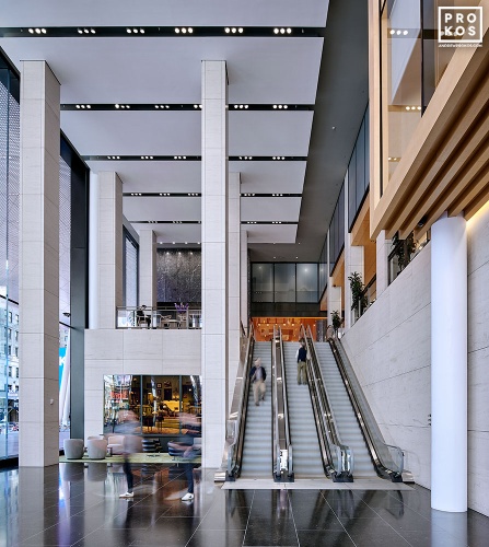 Interior of the ground floor lobby at Penn 2 tower, New York City. Photographed by architectural photographer Andrew Prokos for Vornado Realty Trust. Andrew is available for commercial, architectural, and advertising photo shoots worldwide.
