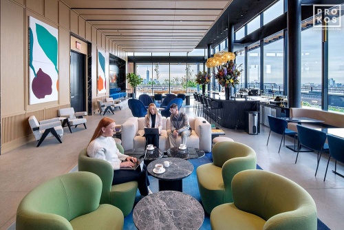 An architectural interior of The Perch at Penn 2 tower during the morning. Photographed by architectural photographer Andrew Prokos for Vornado Realty Trust. Andrew is available for commercial, architectural, and advertising photo shoots worldwide.