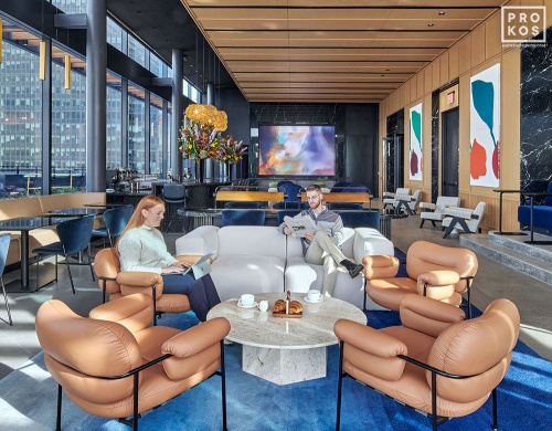 An architectural interior of The Perch at Penn 2 tower during the morning. Photographed by architectural photographer Andrew Prokos for Vornado Realty Trust. Andrew is available for commercial, architectural, and advertising photo shoots worldwide.