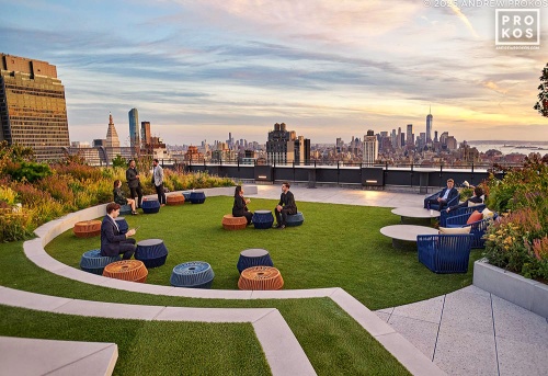 A view of The Perch rooftop amenities at Penn 2 tower looking south toward Lower Manhattan and World Trade Center. Photographed by architectural photographer Andrew Prokos for Vornado Realty Trust. Andrew is available for commercial, architectural, and advertising photo shoots worldwide.