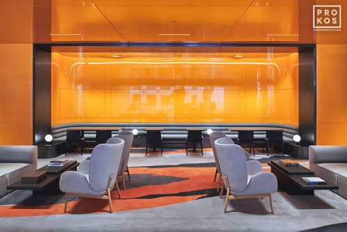 The sleek contemporary architectural interior of the sky lobby at Penn 2 tower, New York City. Photographed by architectural photographer Andrew Prokos for Vornado Realty Trust. Andrew is available for commercial, architectural, and advertising photo shoots worldwide.
