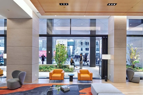 An architectural interior view of the Skylobby and Skylobby Terrace at Penn 2 by MdeAS Architects. Photographed by architectural photographer Andrew Prokos for Vornado Realty Trust.