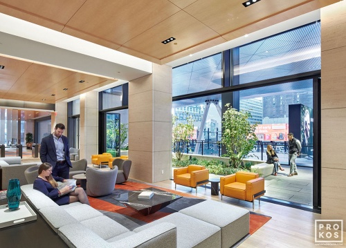 An architectural interior of the sky lobby at Penn 2 tower with a view toward the terrace and Sixth Avenue, New York City. Photographed by architectural photographer Andrew Prokos for Vornado Realty Trust. Fine art prints of this photo are available in various sizes.
