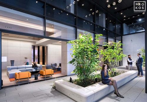 An architectural interior of the sky lobby terrace at Penn 2 tower, New York City. Photographed by architectural photographer Andrew Prokos for Vornado Realty Trust. Andrew is available for commercial, architectural, and advertising photo shoots worldwide.