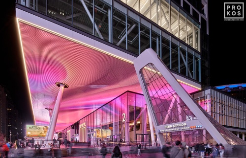 A view of Penn District and the LED-illuminated bustle of Penn 2 at night, New York City by photographer Andrew Prokos