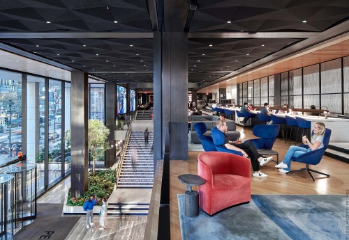 An interior view of the lobby as seen from the Mezzanine at Penn 1 tower, New York City. Photographed by architectural photographer Andrew Prokos for Vornado Realty Trust. Andrew is available for commercial, architectural, and advertising photo shoots worldwide.