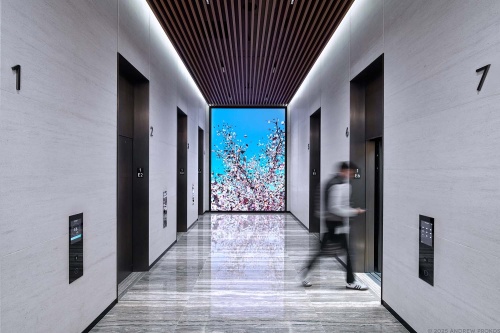 An interior view of an elevator bank at Penn 1 tower, New York City photographed by architectural photographer Andrew Prokos for Vornado Realty Trust.