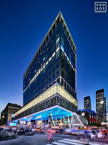 A view of Penn 2 tower, Madison Square Garden, and 7th Avenue in New York City at dusk. Photographed by architectural photographer Andrew Prokos for The Penn District / Vornado Realty Trust. Fine art prints of this photo are available in various sizes.