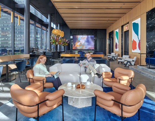 An interior view of the amenities at The Perch, the roof terrace at Penn 2, Manhattan, NYC. Photographed by architectural photographer Andrew Prokos for Vornado Realty Trust.