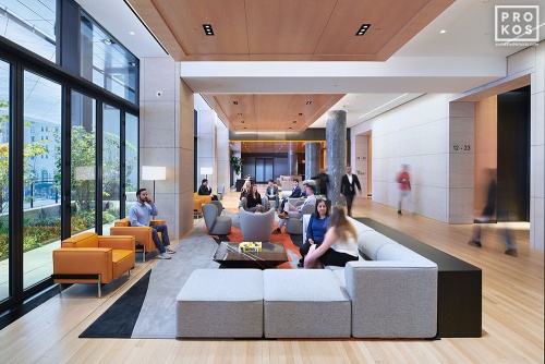 An interior view of the sky lobby at Penn 2 tower, New York City. Photographed by architectural photographer Andrew Prokos for Vornado Realty Trust. Fine art prints of this photo are available in various sizes.