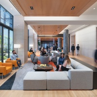 An architectural interior view of the Skylobby at Penn 2. Photographed by architectural photographer Andrew Prokos for Vornado Realty Trust.