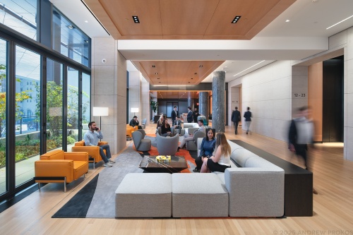 An architectural interior view of the Skylobby at Penn 2. Photographed by architectural photographer Andrew Prokos for Vornado Realty Trust.