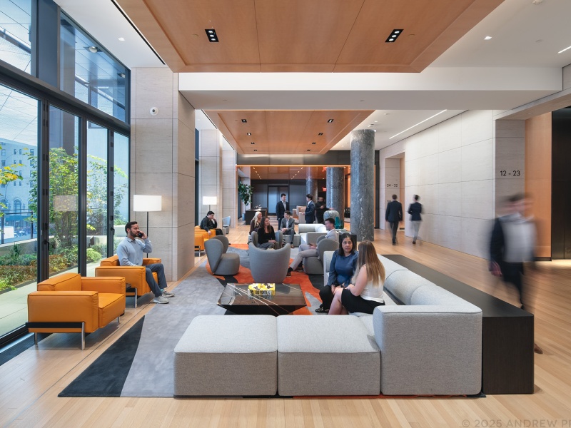 An architectural interior view of the Skylobby at Penn 2. Photographed by architectural photographer Andrew Prokos for Vornado Realty Trust.