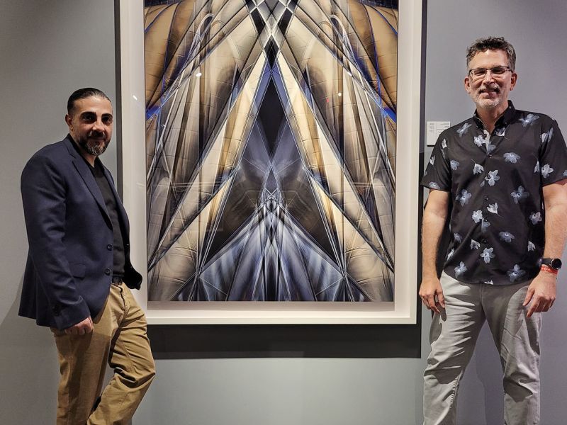 Photographers Andrew Prokos and Muhammad Muheisen at Prokos's solo exhibition Metropolis Abstracted, Sharjah, UAE
