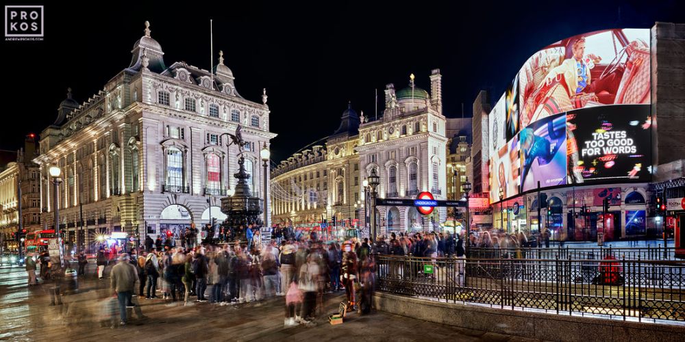 A high-definition panoramic view of London's Picadilly Circus at night, United Kingdom. Limited edition fine art prints of this night photo are available up to 96 inches in width and framed in various wood, metal, and acrylic styles.
