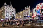A high-definition panoramic view of London's Picadilly Circus at night, United Kingdom. Limited edition fine art prints of this night photo are available up to 96 inches in width and framed in various wood, metal, and acrylic styles.