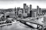 A black and white high-resolution panoramic skyline of Pittsburgh, Pennsylvania during the day. Framed fine art prints of this photo are available up to 150 inches in width.
