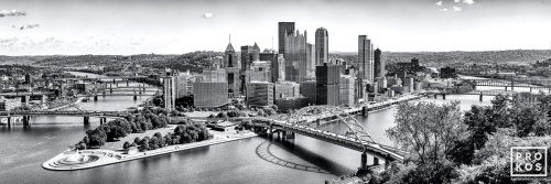 A black and white high-resolution panoramic skyline of Pittsburgh, Pennsylvania during the day. Framed fine art prints of this photo are available up to 150 inches in width.