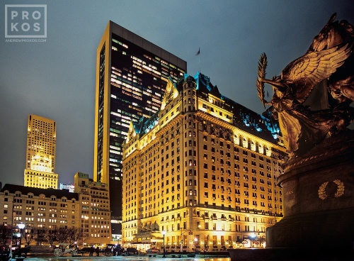 A wide angle photo of the Plaza Hotel at night, New York City
