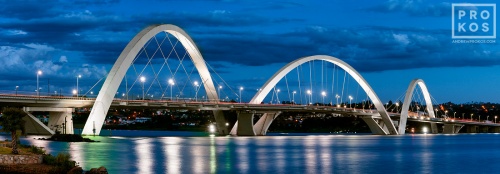 A panoramic long-exposure photo of Juscelino Kubitschek Bridge at dusk, Brasilia, Brazil