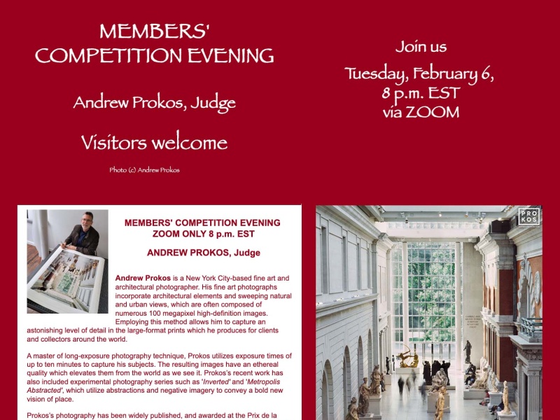 Andrew will be judging the Pictorial Photographers of America (PPA) members contest on the evening of Tuesday, February 6th at 8pm. PPA is the oldest photography club in the United States, currently celebrating its 108th year. 