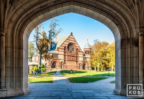 A fine art architectural photo of Alexander Hall framed in the arch of Blair Hall on the campus of Princeton University, New Jersey. Fine art prints of this photo are available framed in various styles.